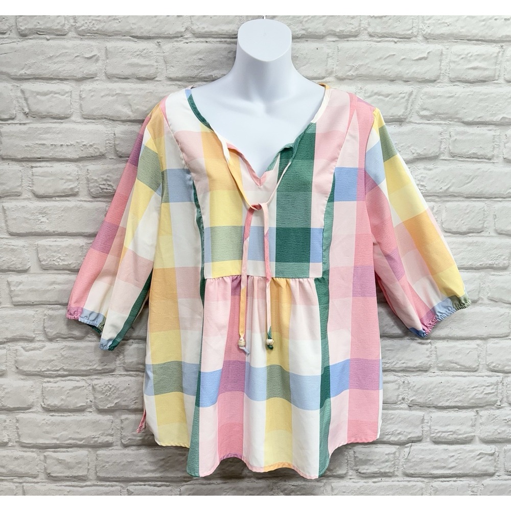 Womens XL Pastel Color Block Tunic Top Blouce Boho Romantic Feminine Bell Sleeve